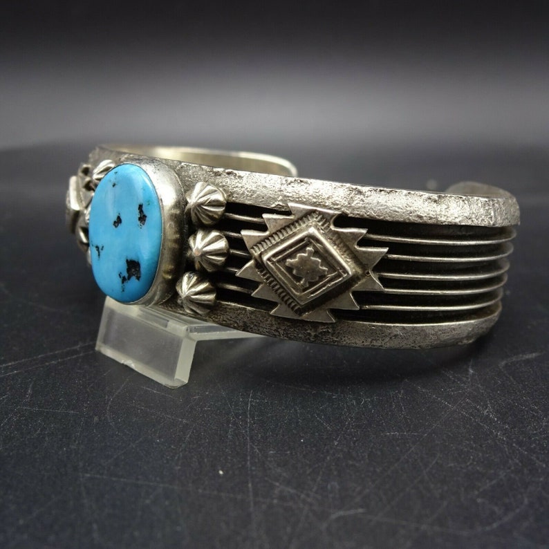 Vintage NAVAJO Sterling Silver KINGMAN TURQUOISE Cuff Bracelet Applied ...