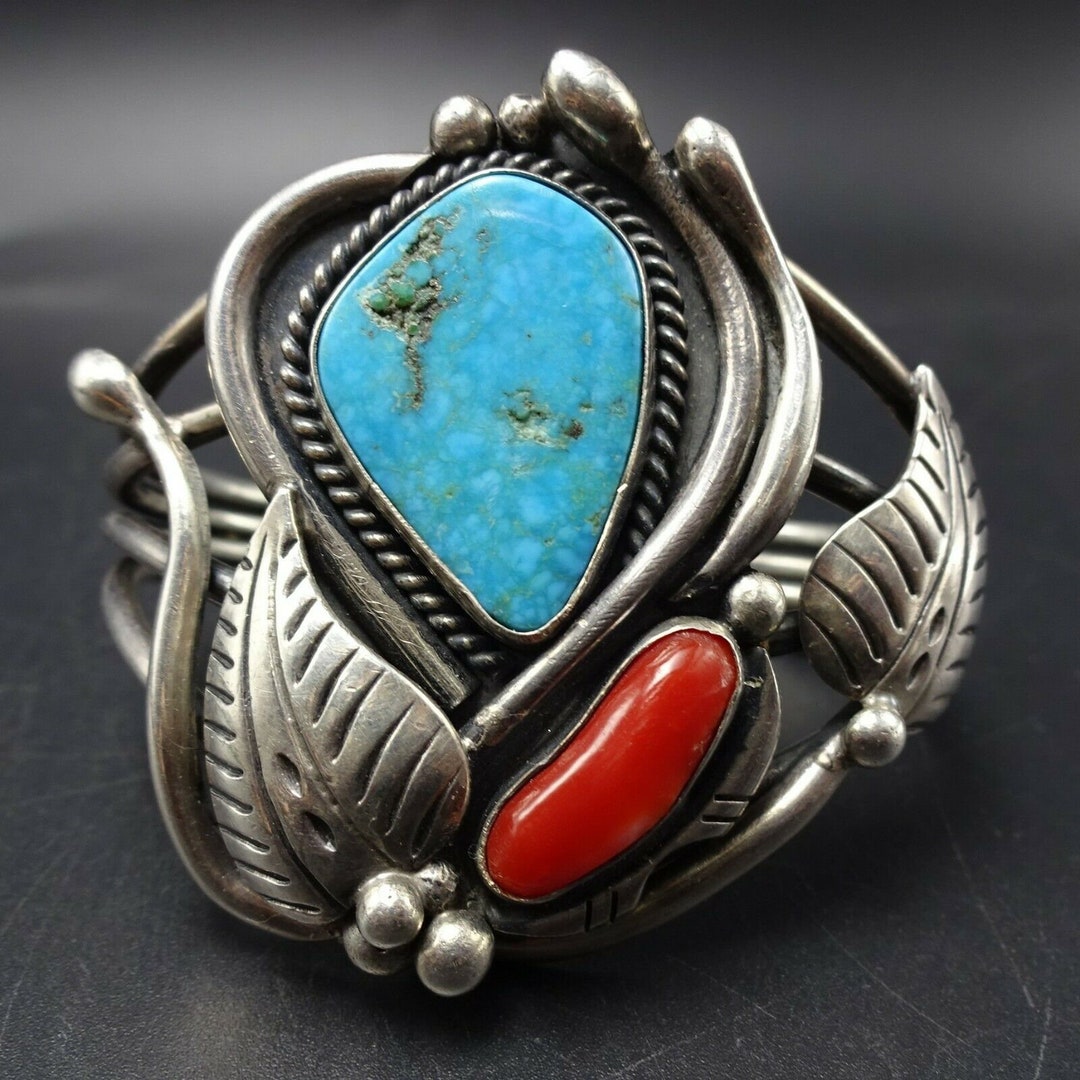 Roy VANDEVER Vintage Navajo Sterling Silver CORAL TURQUOISE Cuff ...