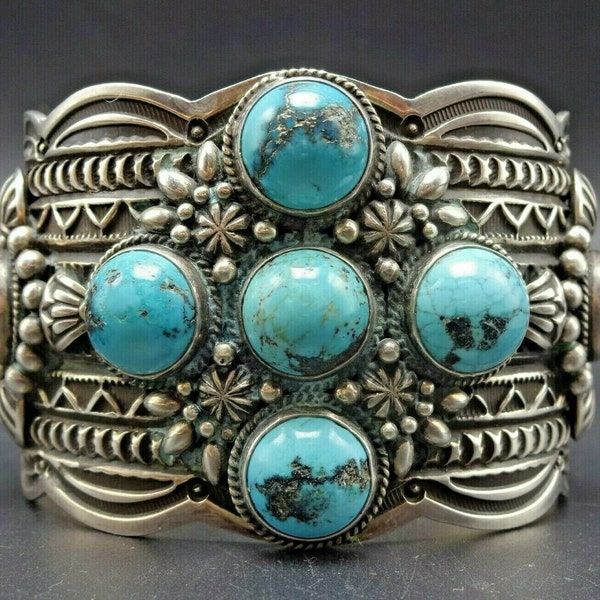 DARRELL CADMAN Vintage Navajo Sterling Silver TURQUOISE Wide Cuff Bracelet 118g