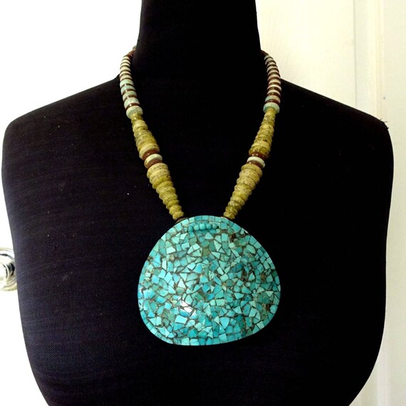 Native American Colorful Vintage Santo Domingo Inlay Turquoise Jet Pipestone Necklace Old Native American Colorful Vintage Santo Domingo Inlay Turquoise Jet Pipestone Necklace Old