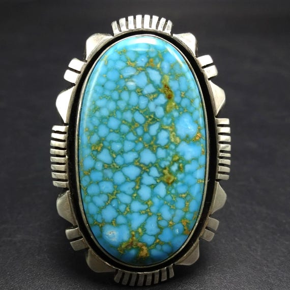 Big COOPER WILLIE Navajo Webbed Kingman TURQUOISE Sterling Silver Ring size 9.5