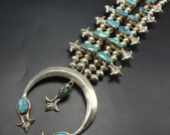 Vintage Sand Cast Sterling Silver & Turquoise SQUASH BLOSSOM Necklace