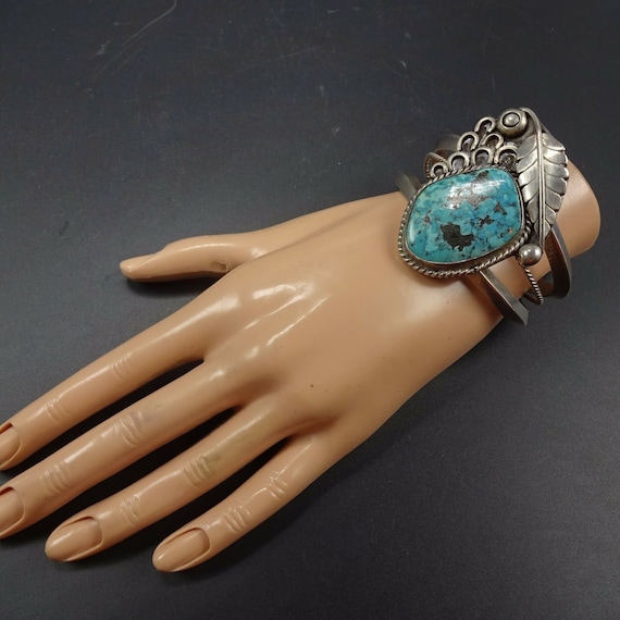 Heavy Vintage Sterling Silver and TURQUOISE Cuff … - image 2