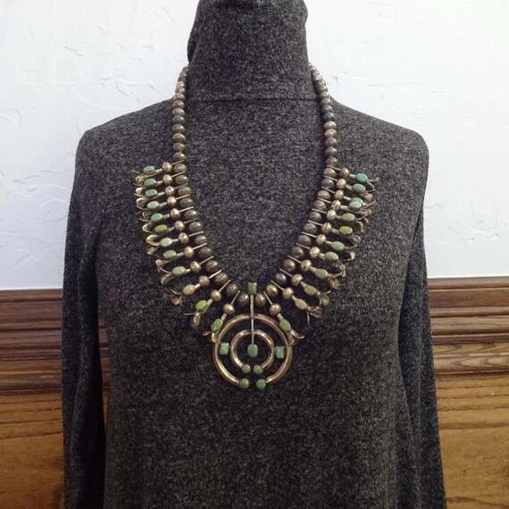 Old Pawn Coin Silver GREEN TURQUOISE Double Naja Squash Blossom NECKLACE Vintage View 6
