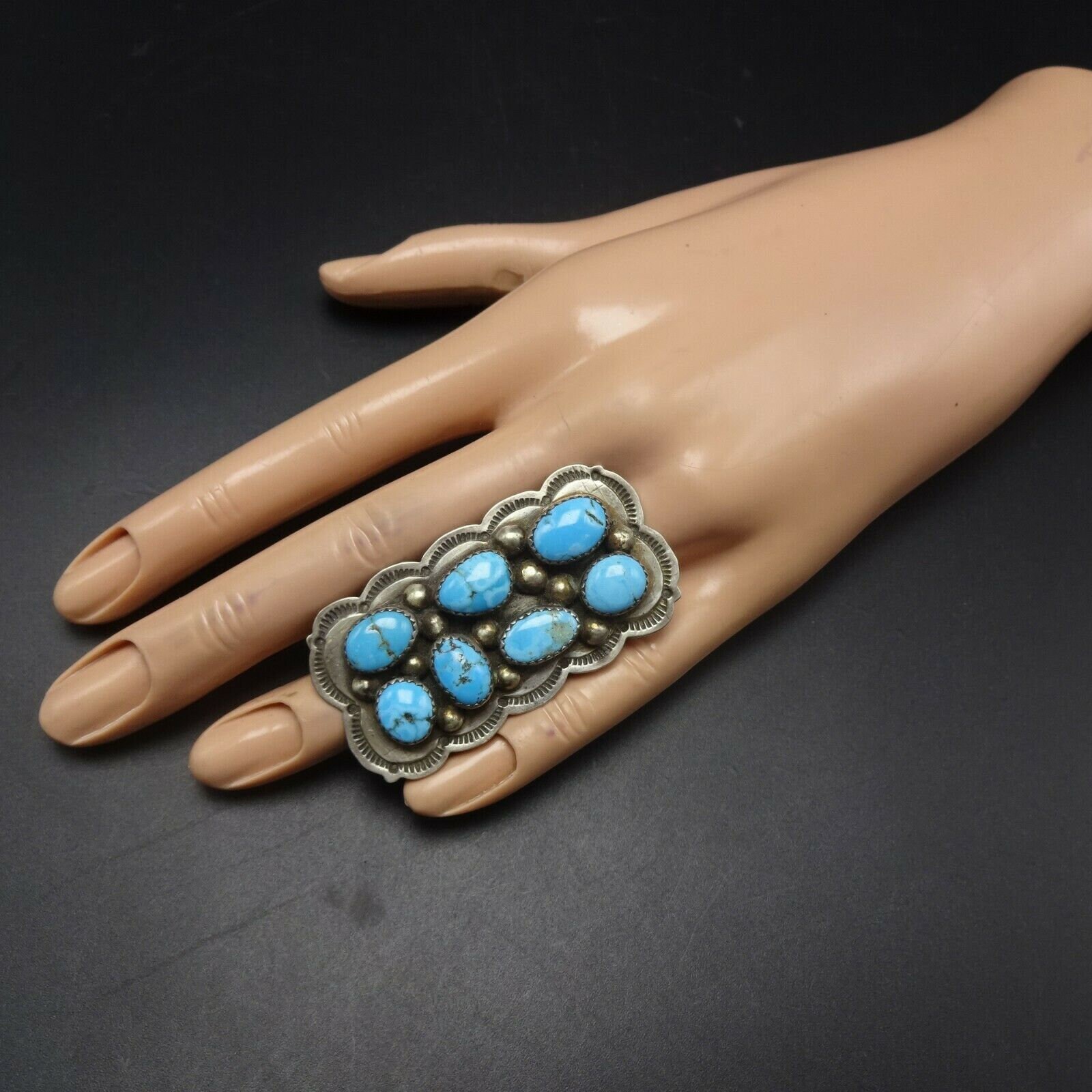 NAVAJO Hand-stamped Sterling Silver KINGMAN TURQUOISE Cluster Ring Size ...