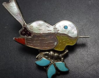 Broche vintage amérindienne à pointe d'aiguille turquoise signée par l'artiste Filmer Lalio (Zuni) - Canada