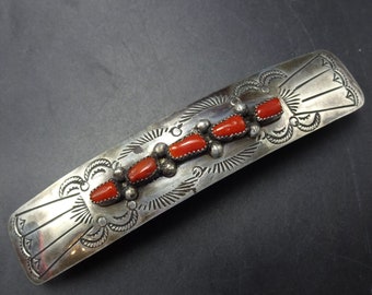 4" lange NAVAJO hand gestempeld sterling zilver rood Med koraal haar BARRETTE clip