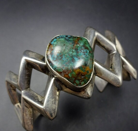 Vintage Navajo Sand Cast Zigzag Sterling Silver BLUE-GREEN