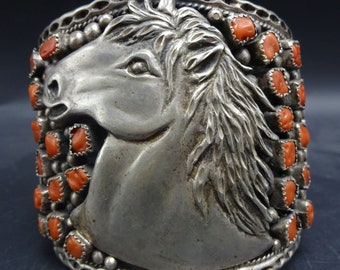 Old Pawn RED MED CORAL Sterling Silver Horse Cuff Bracelet Vintage Equestrian