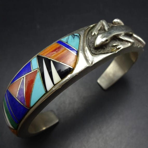 HEAVY Signed Navajo CHANNEL Inlay Cuff BRACELET w… - image 1