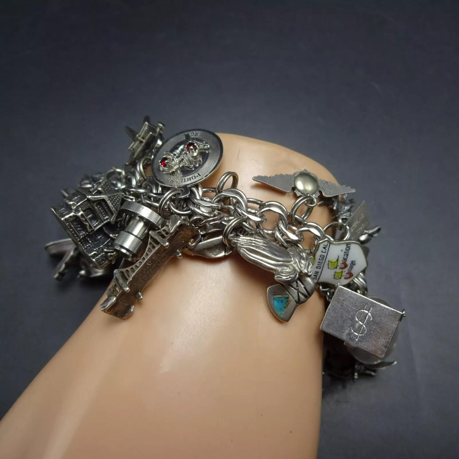 Vintage Sterling Silver 33 CHARM BRACELET 103.3 Grams Unusual and RARE ...