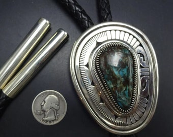 Leonard Nez NAVAJO Deep Blue TURQUOISE Sterling Silver BOLO Tie Thick Black Cord