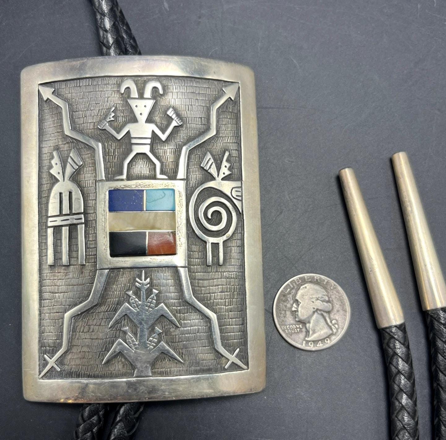 Frank Lahaleon ZUNI Sterling Silver Overlay GEMSTONE Inlay BOLO