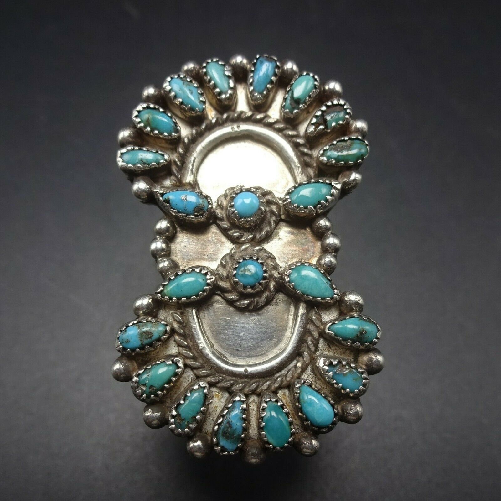 Vintage Heavy Sterling Silver TURQUOISE Petit Point Cluster RING size 5.5