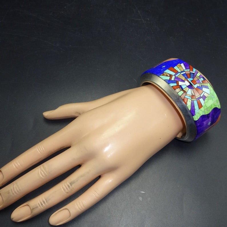 Desson Inlay Museum Quality CALVIN DESSON Navajo Multi Stone INLAY Sterling 925 Cuff ...