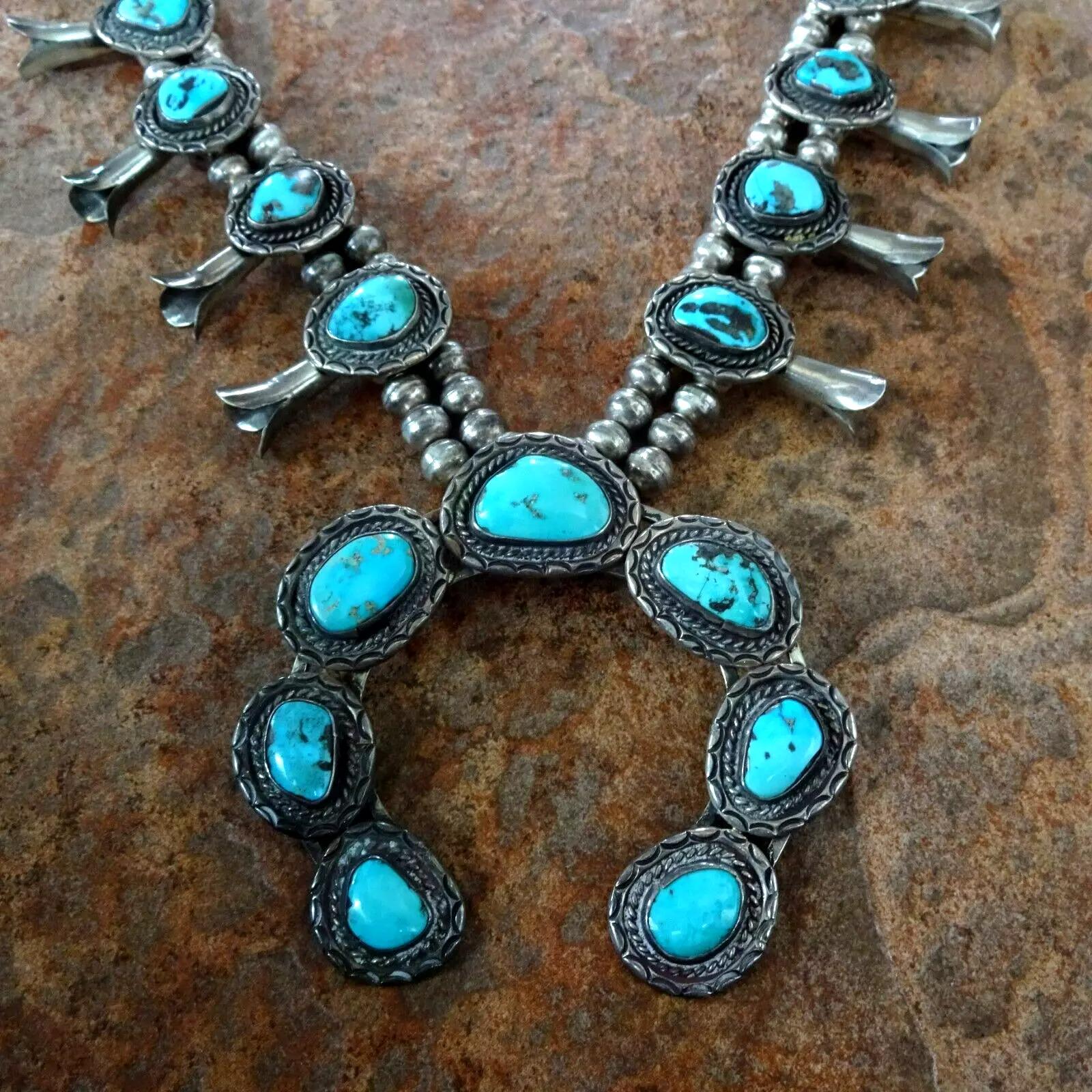 OLD PAWN Sterling Silver Bright Blue TURQUOISE Squash Blossom