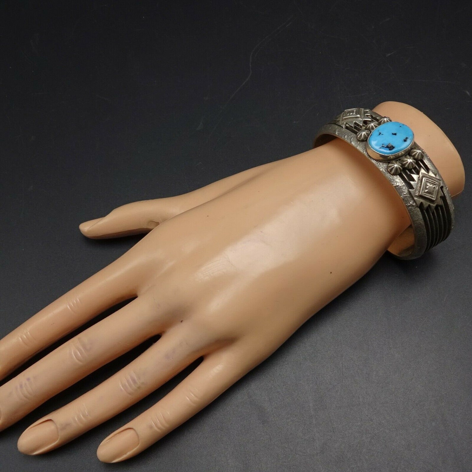 Vintage NAVAJO Sterling Silver KINGMAN TURQUOISE Cuff Bracelet Applied ...