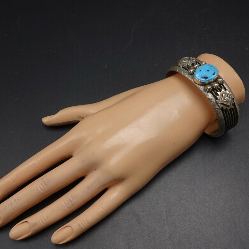 Vintage NAVAJO Sterling Silver KINGMAN TURQUOISE Cuff Bracelet Applied ...
