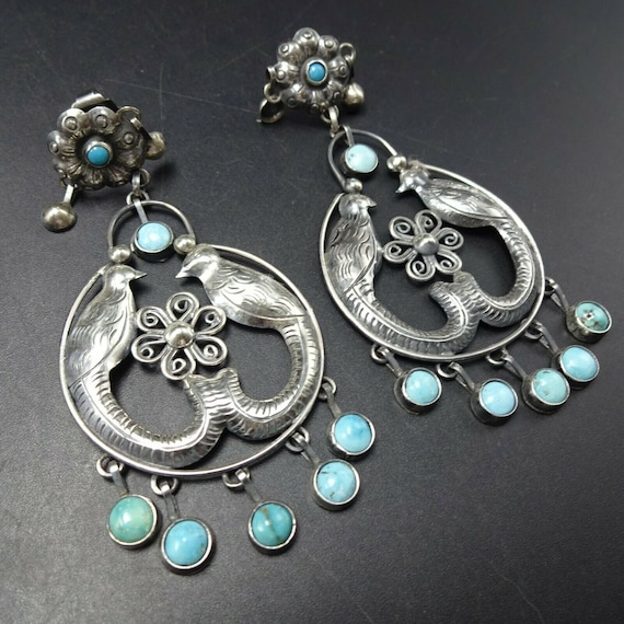 FEDERICO JIMENEZ Sterling Silver TURQUOISE Dangle Earrings Birds