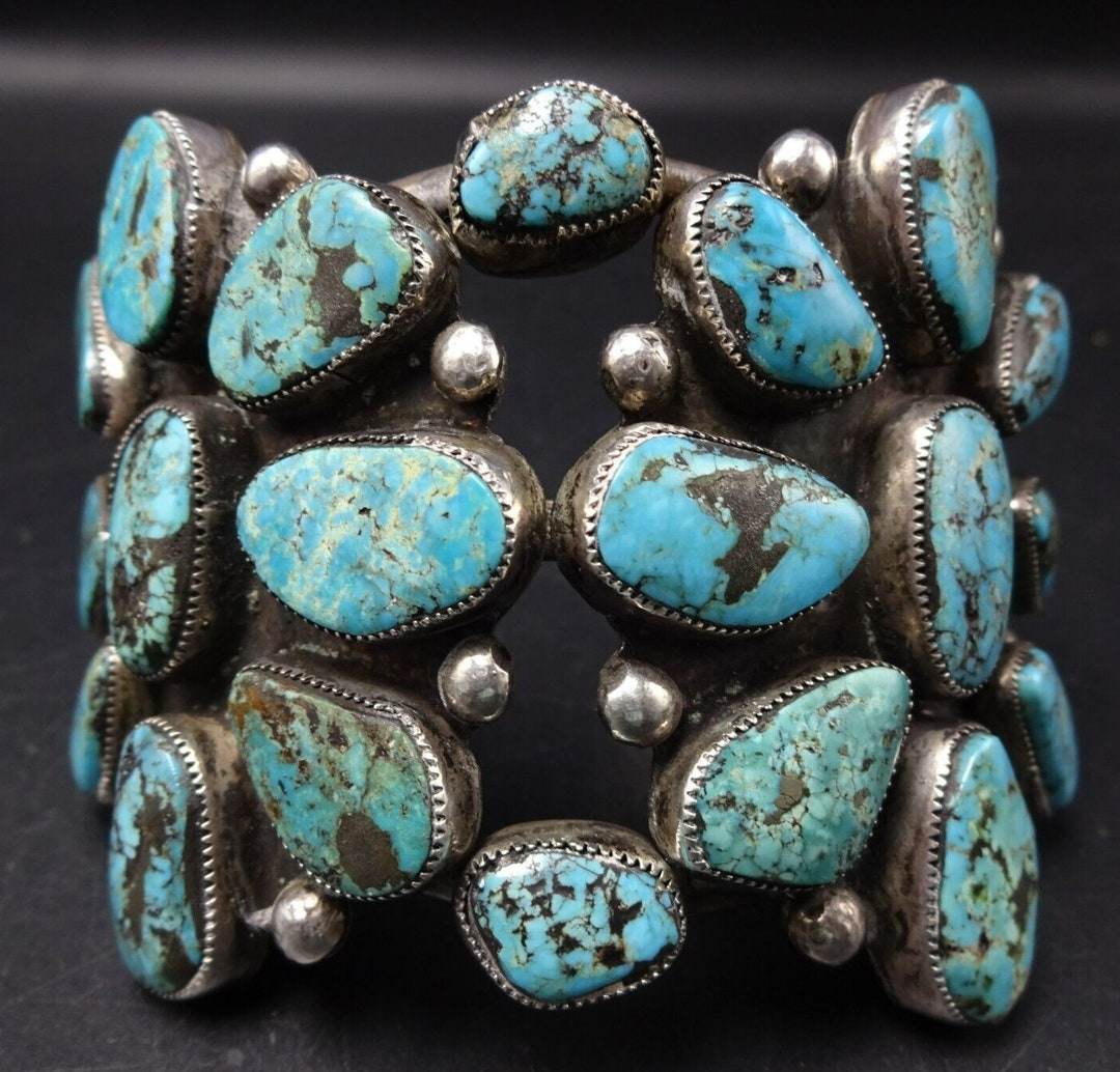 Old Pawn Sterling Silver Natural BLUE DIAMOND TURQUOISE Cluster Cuff ...