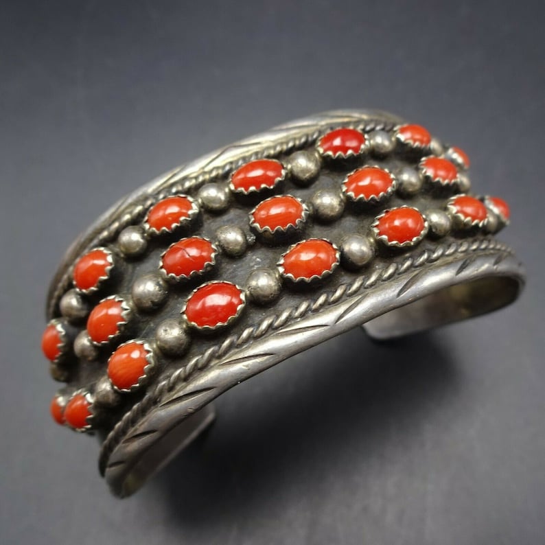 Vintage NAVAJO Sterling Silver Red CORAL Cuff BRACELET Dark Oxidized ...