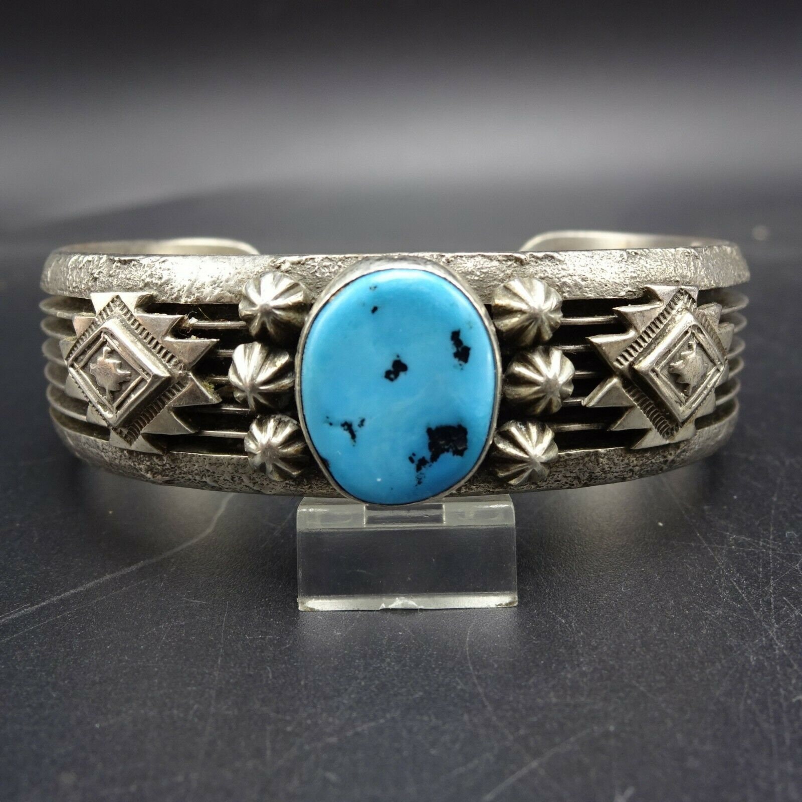 Vintage NAVAJO Sterling Silver KINGMAN TURQUOISE Cuff Bracelet Applied ...