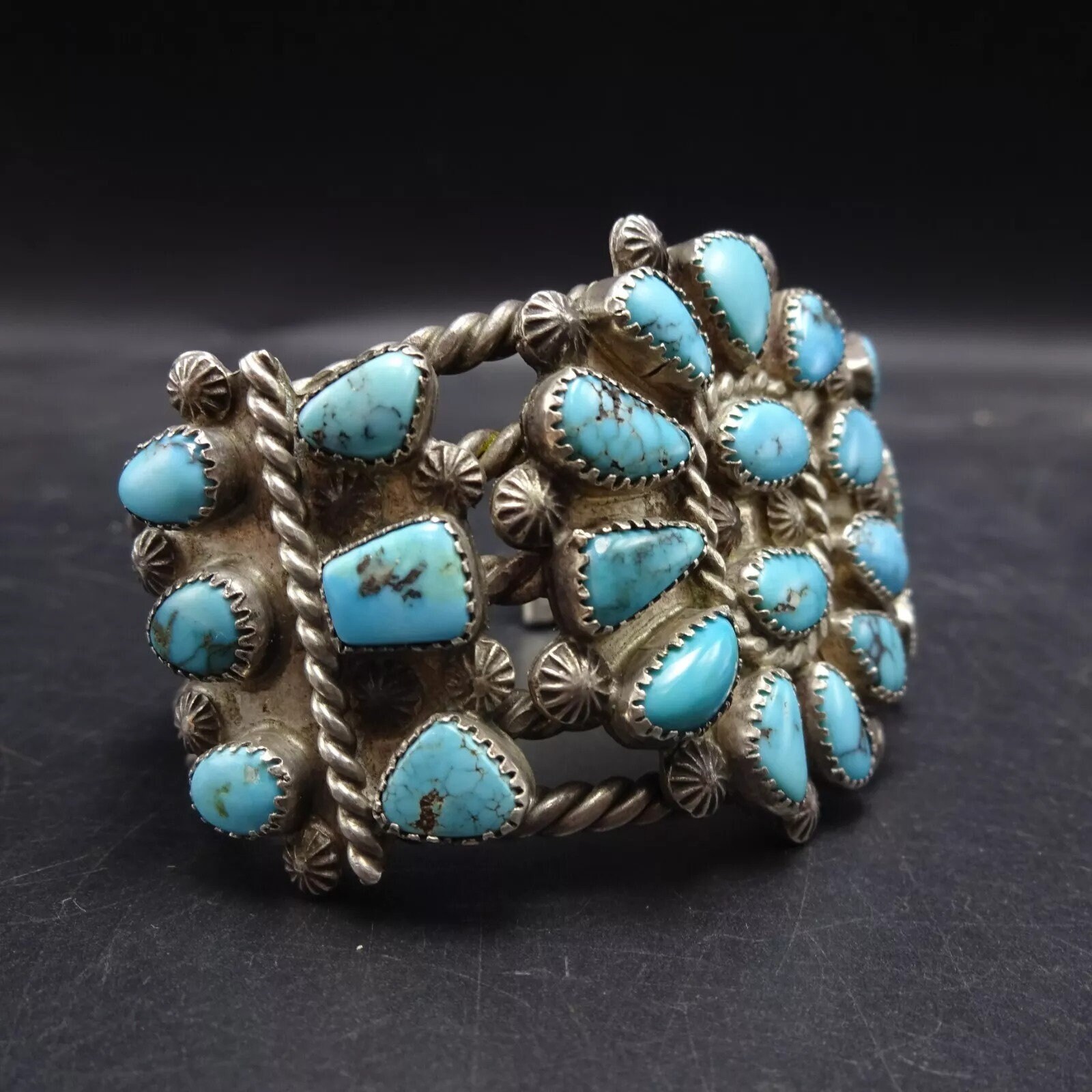 Old Pawn CIRCA 1930s TURQUOISE CLUSTER Sterling Silver Cuff Bracelet ...