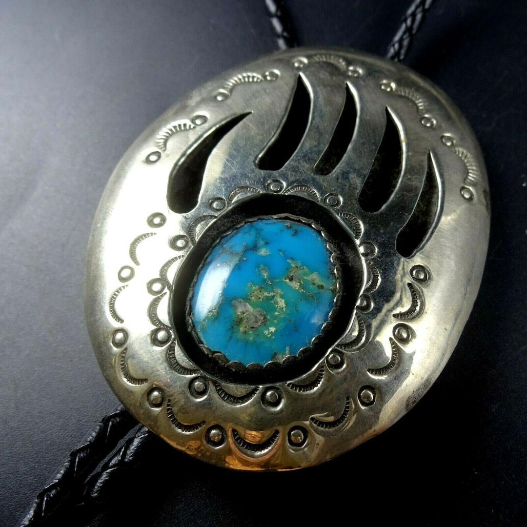 Vintage Huge Stamped Sterling Silver Bear Paw TURQUOISE Shadowbox BOLO ...