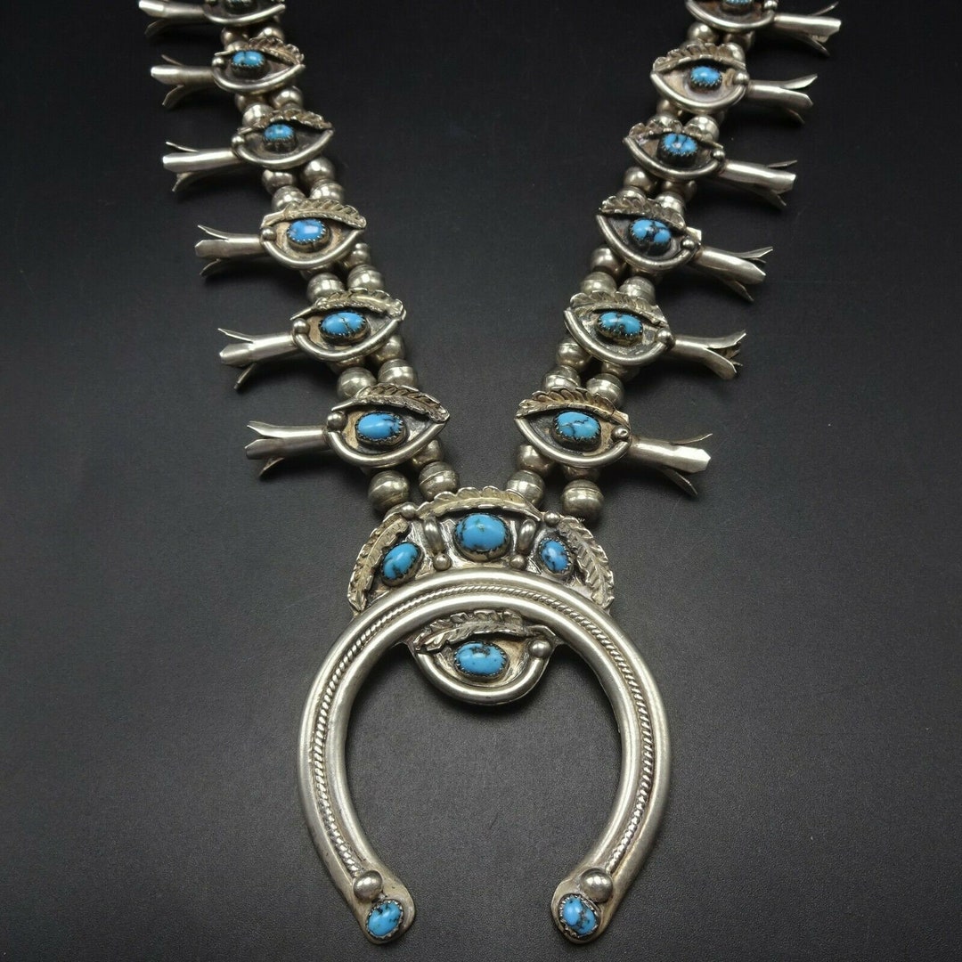 Signed Vintage NAVAJO Sterling Silver BLUE Turquoise SQUASH Blossom ...