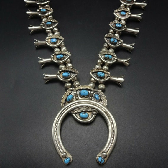 Signed Vintage Native American Navajo Blue Turquoise Sterling Silver Squash Blossom Necklace Signed Vintage Native American Navajo Blue Turquoise Sterling Silver Squash Blossom Necklace