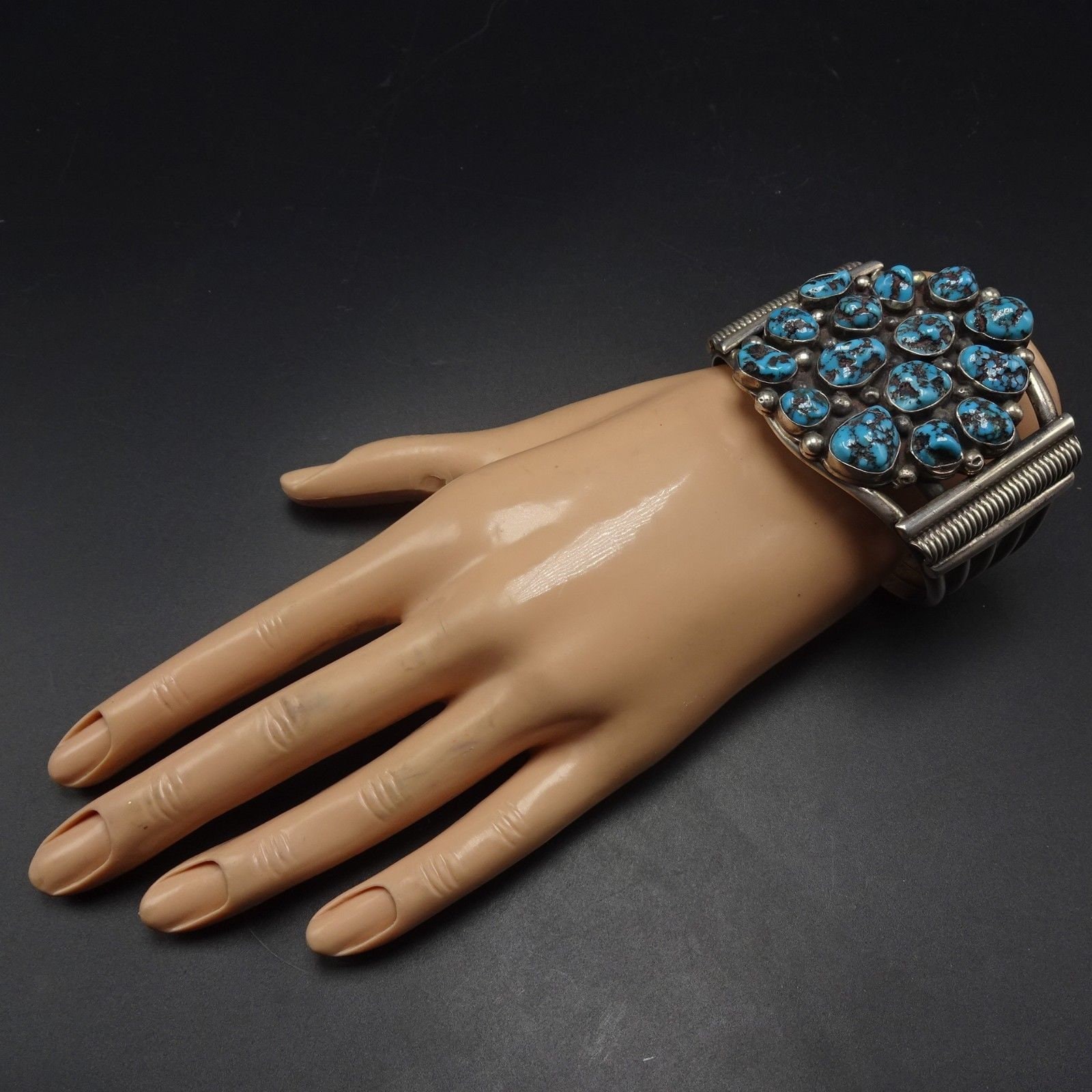 Vintage Sterling Silver Blue Diamond TURQUOISE Cluster Cuff BRACELET ...