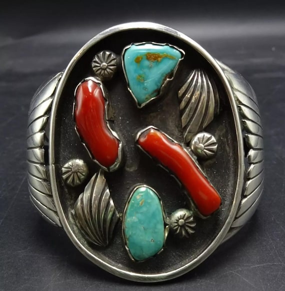 Rich Yazzie Vintage Native American Navajo Coral Turquoise Sterling Silver Bracelet Rich Yazzie Vintage Native American Navajo Coral Turquoise Sterling Silver Bracelet