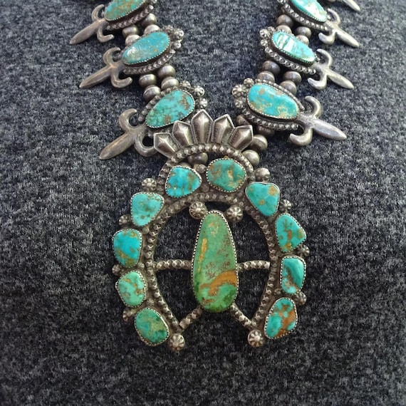 Old Pawn 1940s Sterling Silver TURQUOISE Squash Blossom NECKLACE