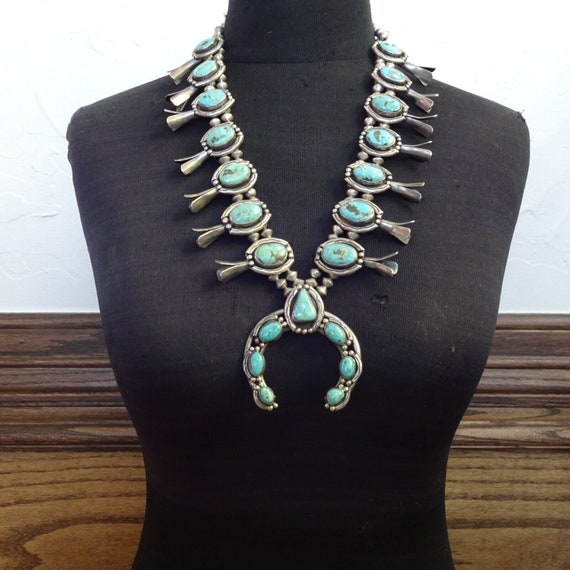 Old TURQUOISE SQUASH BLOSSOM Necklace Handmade St… - image 4