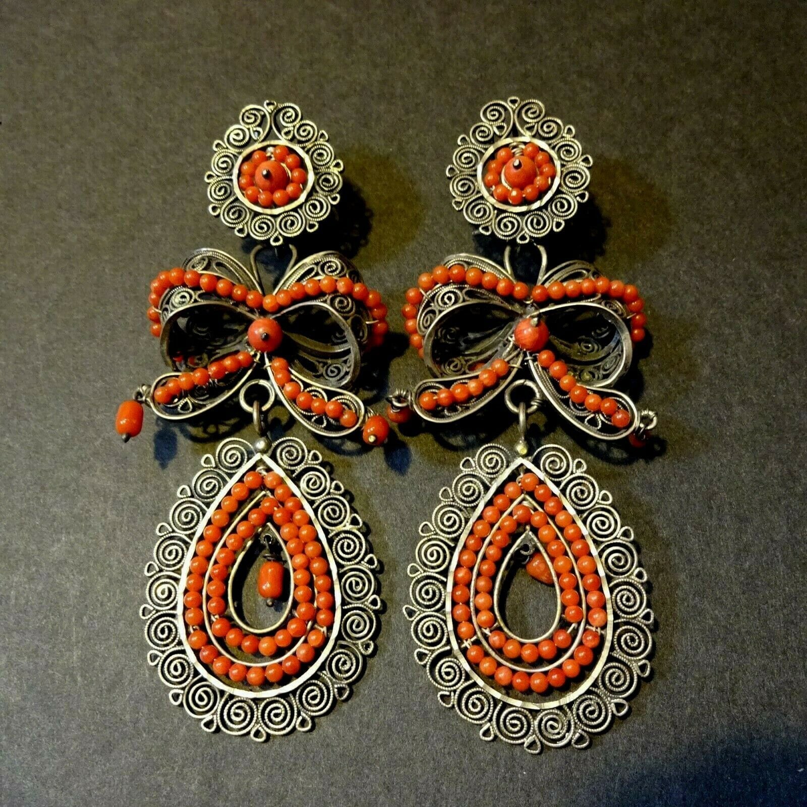 Antique Victorian Pique Earrings Silver Hooks Gold Inlay 3.8