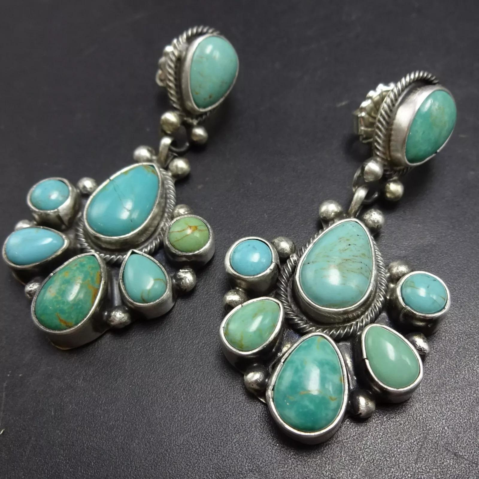 TRAVIS JENSEN Navajo Türkis Cluster Sterling Silber Ohrringe Baumeln durchbohrt