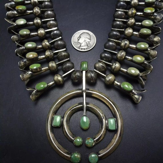 Old Pawn Coin Silver GREEN TURQUOISE Double Naja Squash Blossom NECKLACE Vintage View 5