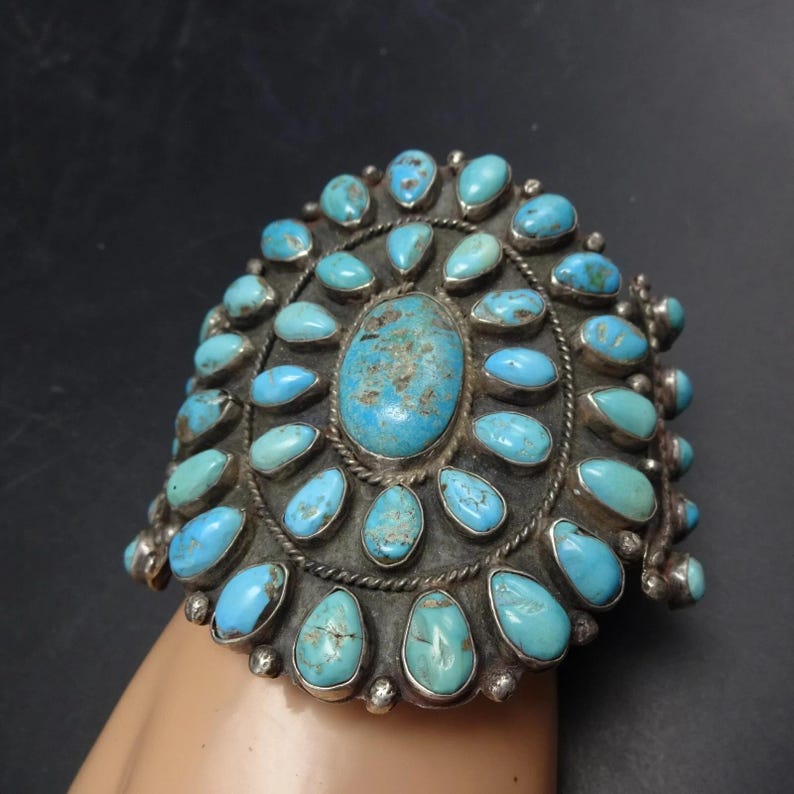OLD Circa 1930s NAVAJO Sterling Silver TURQUOISE Cluster Cuff Bracelet ...