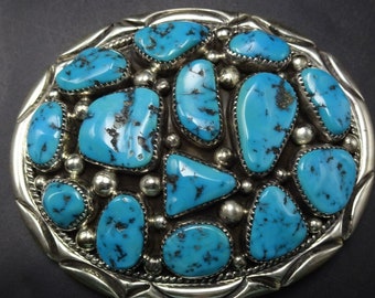 HEFTY Orville Tsinnie Navajo Sterling Silver KINGMAN TURQUOISE Belt Buckle 109g