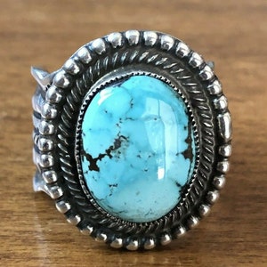 Leon Martinez NAVAJO Sterling Silver TURQUOISE RING size 10.75 Wide Stamped Band