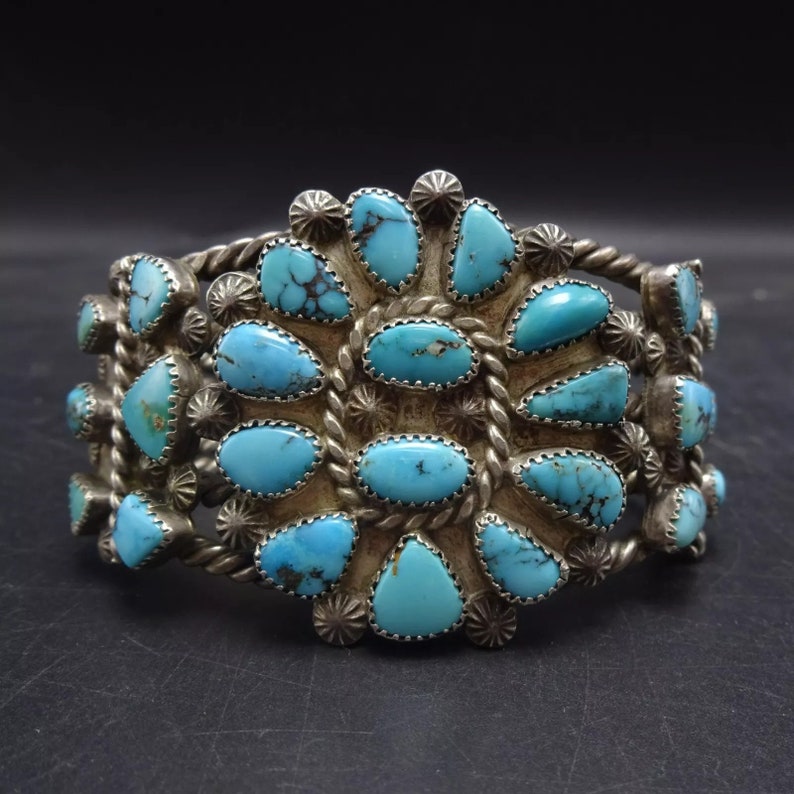 Old Pawn CIRCA 1930s TURQUOISE CLUSTER Sterling Silver Cuff Bracelet ...