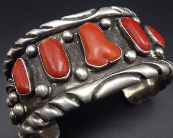 Heavy Gauge Vintage Chisel Cut Sterling Silver CORAL Cuff BRACELET 126g