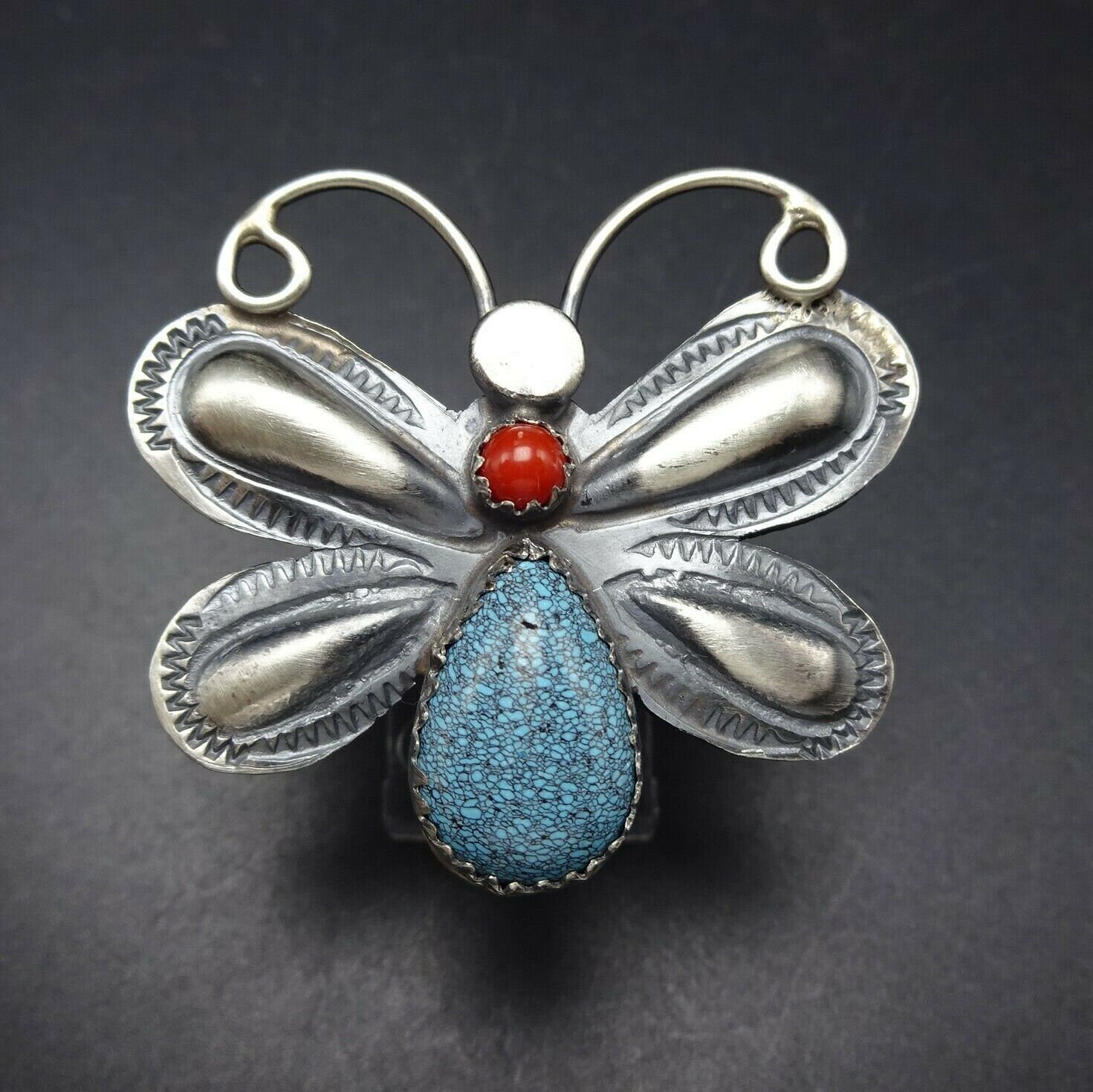 Tim Yazzie NAVAJO Repousse Sterling Silver TURQUOISE CORAL