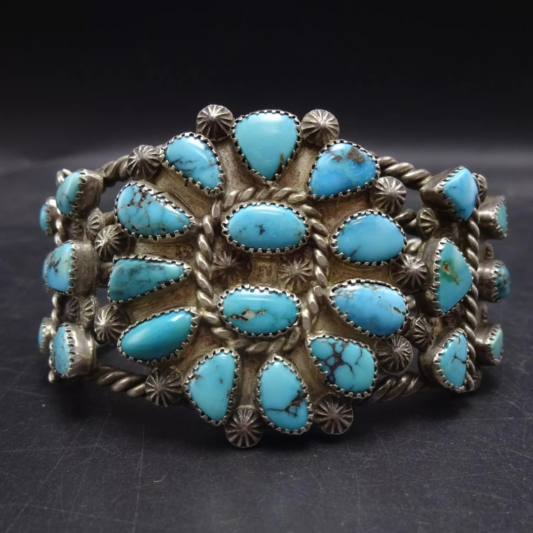 Old Pawn CIRCA 1930s TURQUOISE CLUSTER Sterling Silver Cuff Bracelet ...
