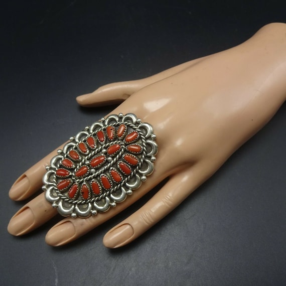 Enormous ZUNI Sterling Silver CORAL Cluster RING Size 8.5