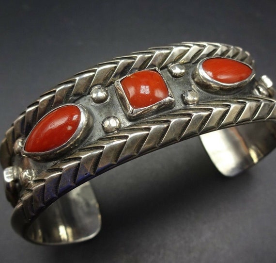 Old Heavy Gauge CHISEL Stamped Sterling Silver CORAL Cuff Bracelet