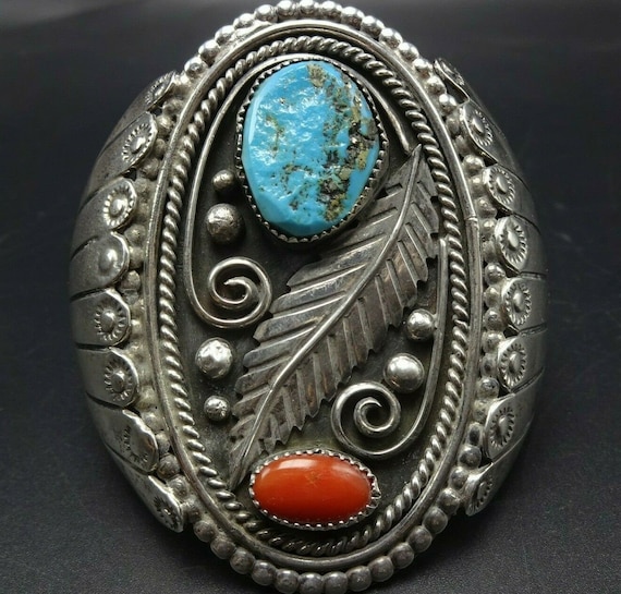 Intricate Native American Navajo Morenci Turquoise Coral Sterling Silver Feather Bracelet Intricate Native American Navajo Morenci Turquoise Coral Sterling Silver Feather Bracelet