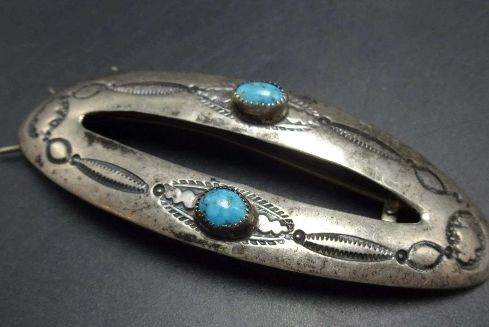 Vintage Southwestern Engraved Stamped Turquoise Sterling Silver Barrette Vintage Navajo Large Hair Slide Barrette Turquoise Nickel  main image 3