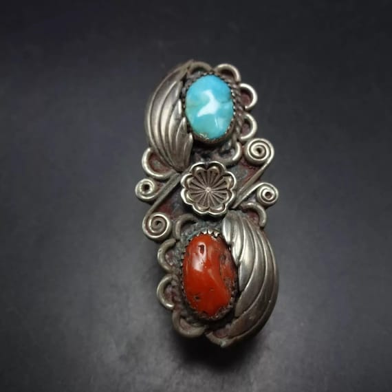 Vintage SADIE CALVIN Navajo TURQUOISE Old Red Coral Sterlingsilver