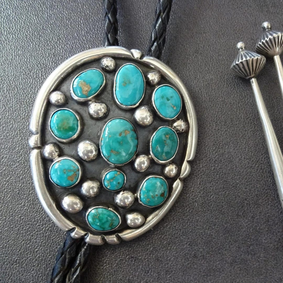 Vintage BOLO TIE Sterling Silver TURQUOISE Cluster Black Leather Cord ...